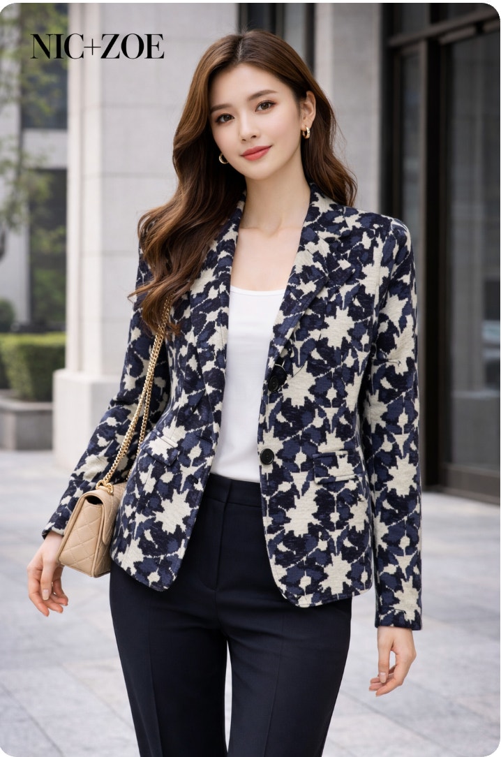 Nic + Zoe Cotton Blend Knit Blazer Floral Navy Stretchy Classy Casual Work Ps